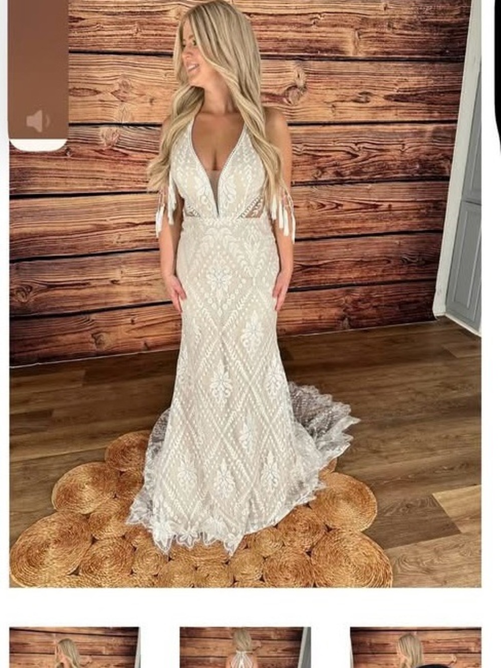Ivory Lace V-Neck Wedding Dress with Fringe Cap Sleeves
